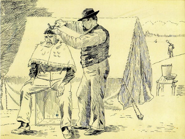 Sketch of man in chair at barber shop
