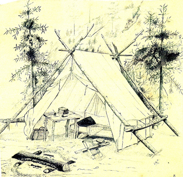 Sketch of camp in woods with tent