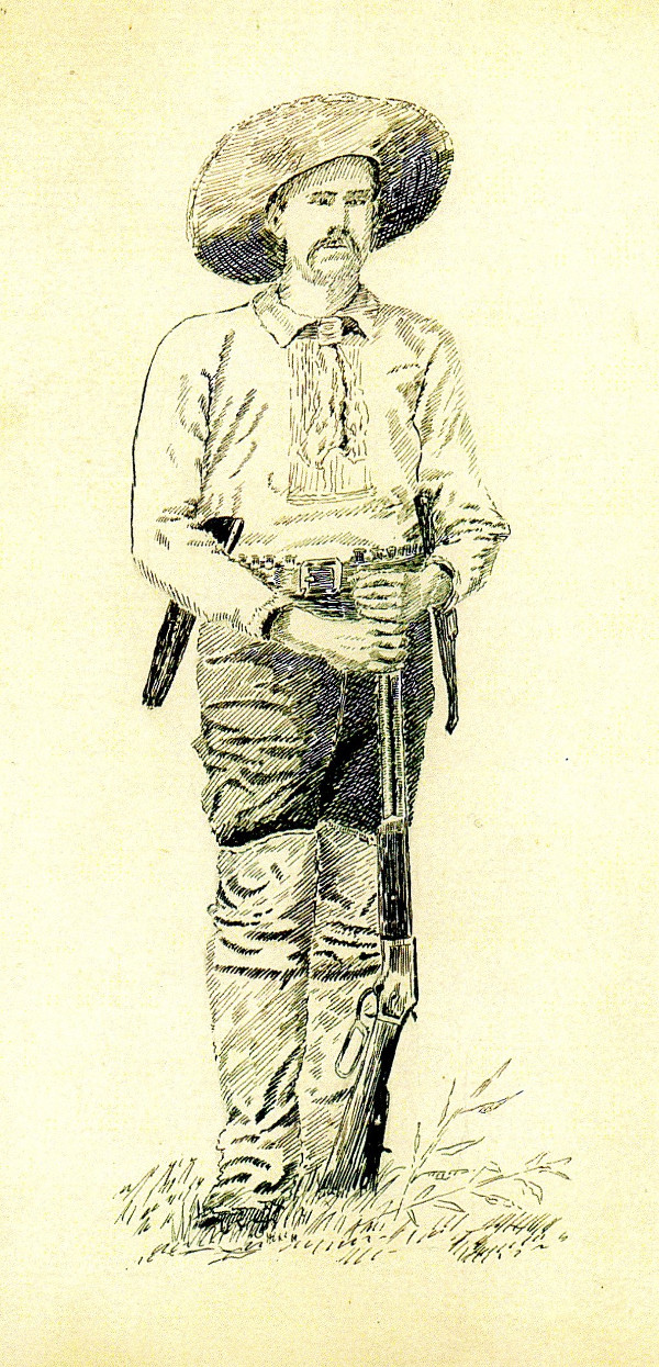 Sketch of hunter posing with gun
