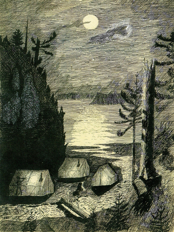 Sketch of tents by creek and lake at night